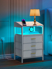 White Bedside Table 2 Drawers LED with Charging Station Nightstand Cabinet