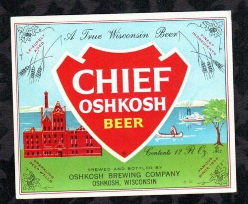 WISCONSIN 1962 Authentic Original Chief Oshkosh Beer Bottle Label  OSHKOSH 