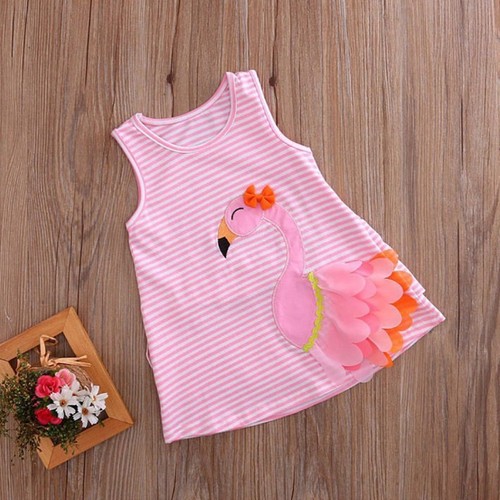 Baby Kids Girls Swan Striped Printed Dress Princess Sleeveless Pageant Sundress