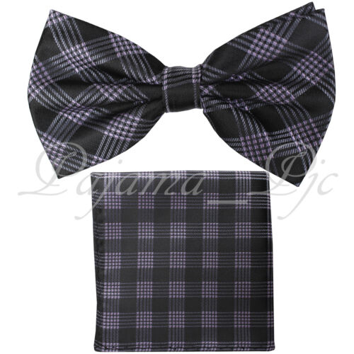 New Men Plaids Pattern Pre-tied Bowtie And Hanky Set Wedding Party Prom BT3043