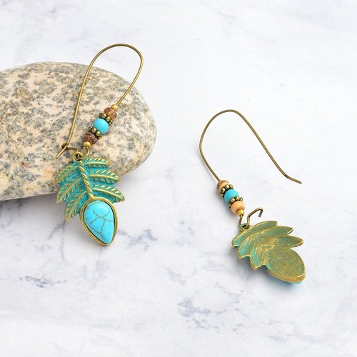 Women Vintage Turquoise Bead Leaf Long Drop Dangle Hook Earrings Jewelry Fashion