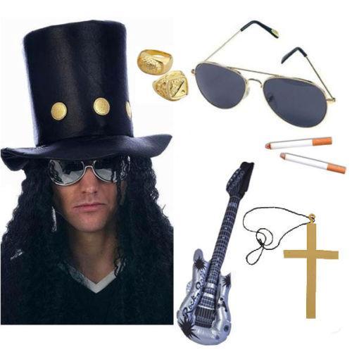 Slash années 80 guitar man Fancy Dress 6 PC chapeau lunettes anneaux croix CIGS Guitare Rock