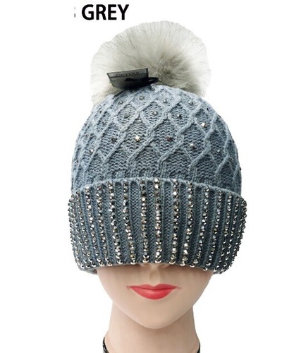 Warm Winter Ski Beanie Hat Stud Knit Bead Fur Pom Pom Shiny Crystal Honeycomb