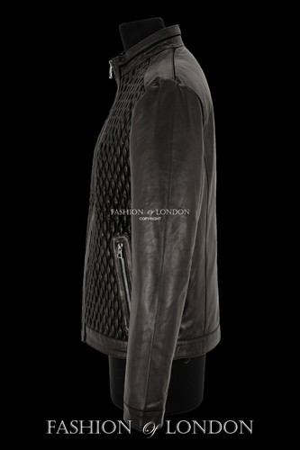 Homme Veste en Cuir Noir Élastique Diamant Matelassé sur le devant Racer Jacket 465-S