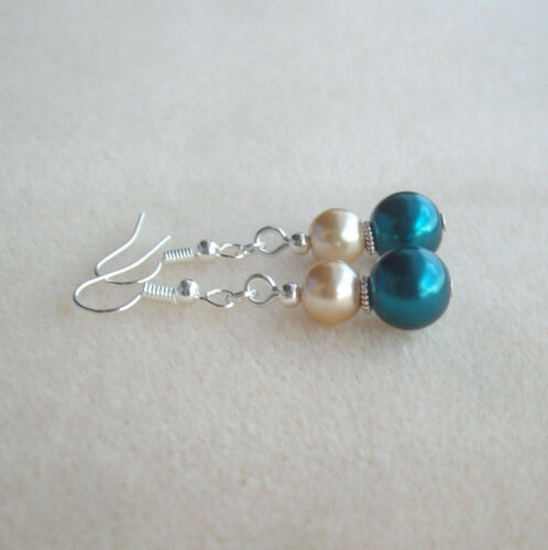 Pretty Teal and Cream Glass Pearl Dangly Drop Earrings