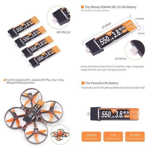 4PCS 550mAh 1S HV 3.8V LiPo Battery 50C JST-PH 2.0 Connector for RC Racing Drone