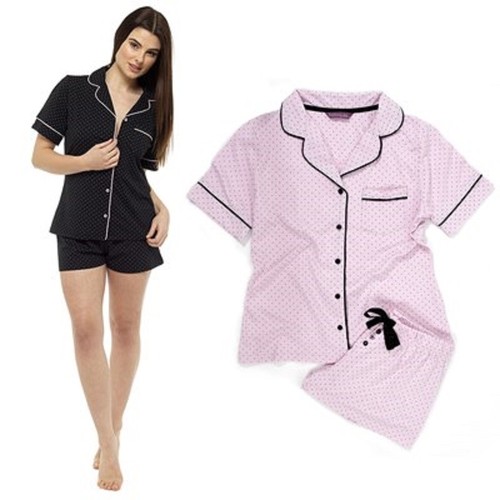 Sizes 8-22 Ladies Cosy Polka Dot Classic Button Shirt Top /& Short Pyjamas Set