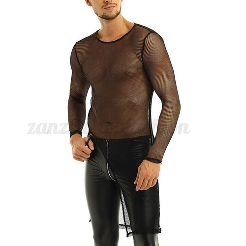 Mens Mesh Fishnet Long Sleeve See Through Long T Shirts Tunic Tops Muscle Blouse