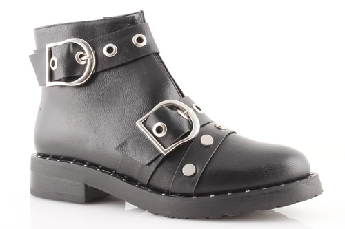 Stivaletti donna bassi pelle vegan neri tacco basso con borchie fibbie invernali