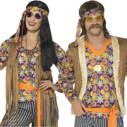 Adults 60s 70s Hippie Costume Mens Ladies Hippy Fancy Dress Womens Retro Outfit