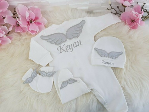 Baby Strampler Set Decke mit Namen Engelflügel Geschenk Grau Jungen 50 56 NEU