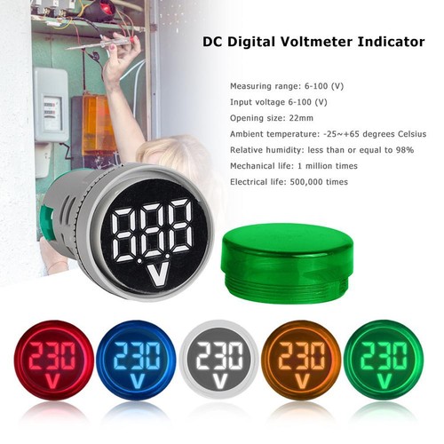 22mm 6V-100V DC Digital Display Voltmeter Indicator LED Lamp Round Signal Light