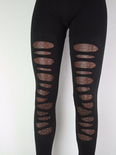 Gr.36-42,punk Leggings Strass mit Unterstoff schwarz Glitzersteine Bling Netz