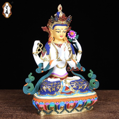 6/" Asian Antique Tibet painting Colourful gilt Four arm guanyin Buddhism statue