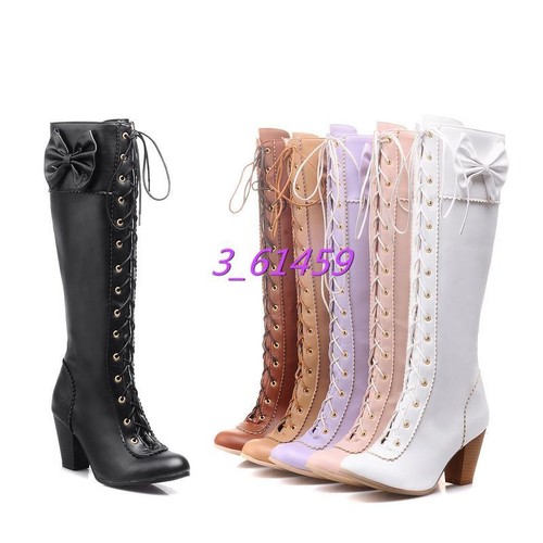 Süß Kniehohe Stiefel Damen Schleife Hohe Blockabsatze 6 Farbes Schnur Gr34-43