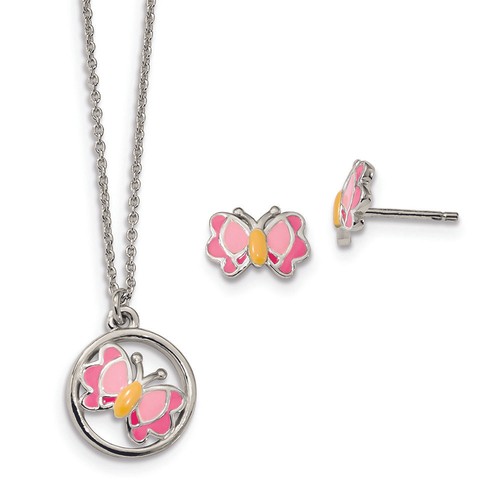 Details about / Sterling Silver Polished Enameled Butterfly Earrings and Necklace Set MSRP $88