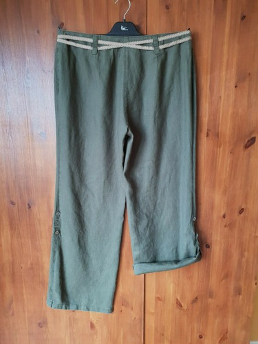 RRP £ 99-Wrap LONDON Verano Lino Pantalones Caqui Verde Pierna Ancha UK 14 20-Nuevos