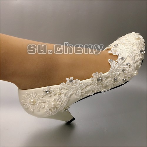 Su.cheny Spitze Weiß Elfenbein Kristall Flach Keilabsatz Pumps Hochzeit Braut