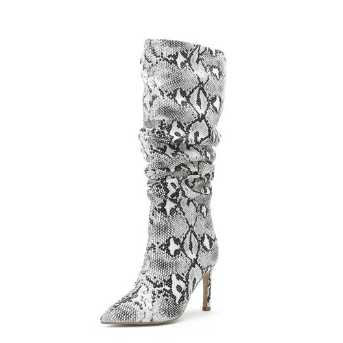 Women Mid-calf Boots Snakeskin Print High Heels Pointed Toe Booties Casual Shoes
