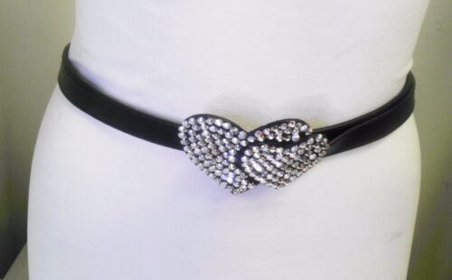 Black Skinny Elegant Woman Design Belt With Double Rhinestones Heart Size M L