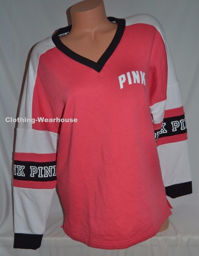 Victoria/'s Secret PINK Varsity Crew V Neck Pullover Sweatshirt Black White S M