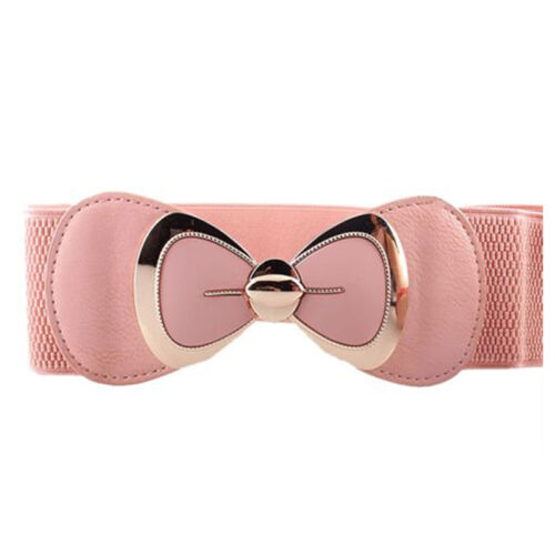 Women Bowknot Buckle Waistband Elastic Wide Stretch Belt Metal Plain Pure Decor
