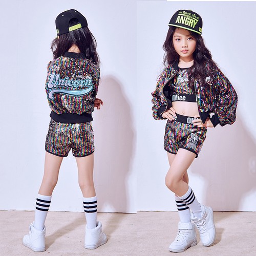 Girls Sequined Ballroom Modern Hip Hop Jazz Costumes Kid Performance Dance wear