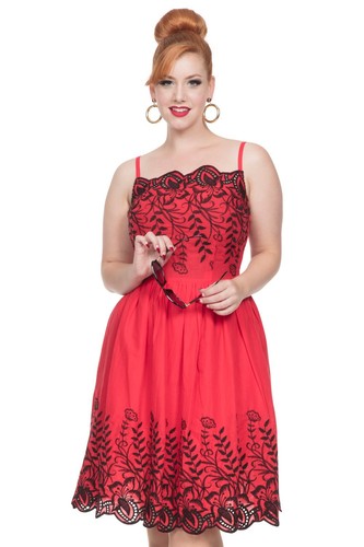 DRA8342 Voodoo Vixen Scarlett Red Embroidered Rockabilly 1950S Evening Party UK