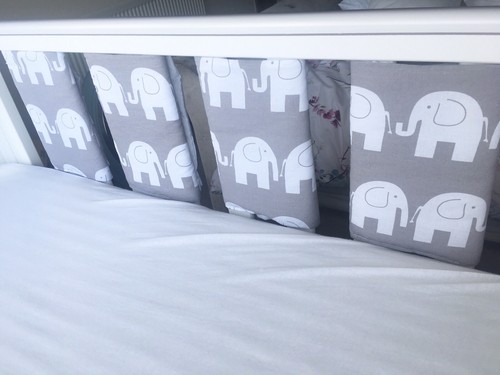 Handmade Cot Bar Bumpers Set Of 8 Grey Elephants New Baby Unisex Shower Gift