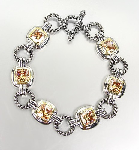 Exquisite Silver Câble Anneaux Marron Topaz Zircon Cristal Liens Toggle Bracelet