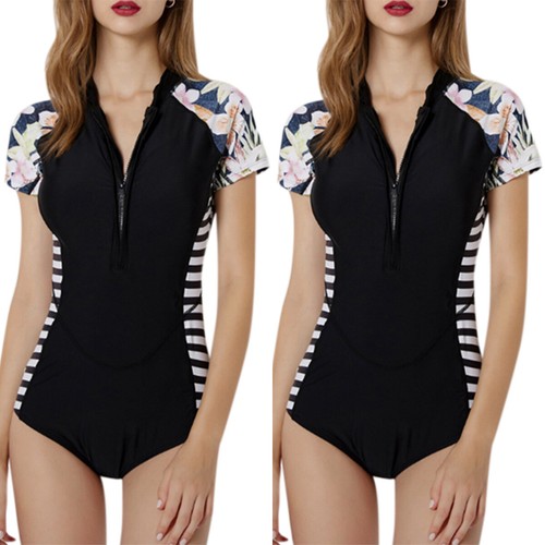 Damen Kurzarm Gepolstert Push up Monokini Badeanzug Surfen Schwimmanzug Bademode