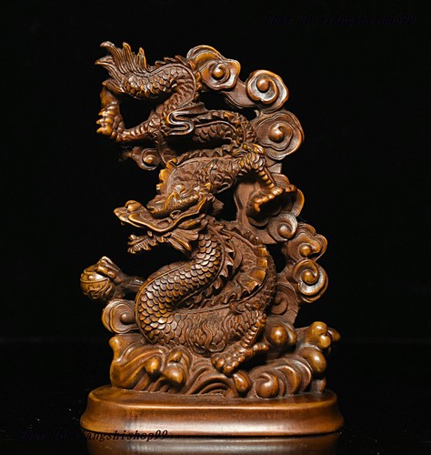 5/" Folk Collect FengShui Boxwood wood Carve 12 Zodiac Year Dragon animal Statue