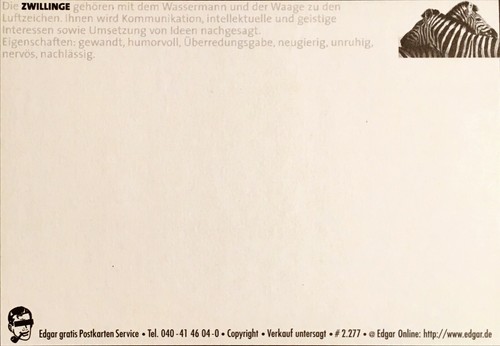 # 2.277 20 Juni Zebra- Edgarkarte Edgarcard Sternzeichen Zwillinge: 21 Mai