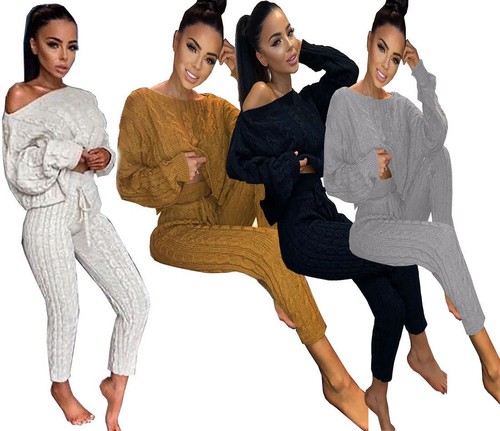 Ladies Oversized Knitted Co ord 2pc Set Womens Crop Long Sleeve Loungewear Suit