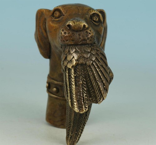 Chinese Old Bronze Carved Dog dangled Bird Statue Collect Walking Stick Head