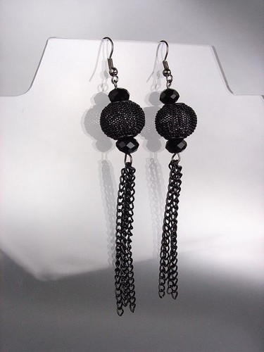 Chic en métal noir Mesh Bead Czech Crystals Tassel Long Boucles D/'oreilles