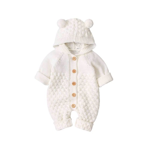 Newborn Baby Boys Girls Bear Ear Knit Romper Hooded Wool Sweater Jumpsuit Outfit