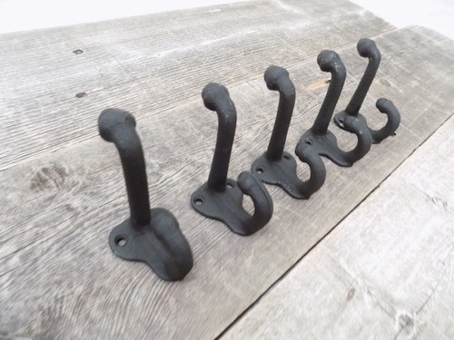 5 Cast Iron Black School Style Coat Hooks Hat Hook Rack Hall Tree Restoration