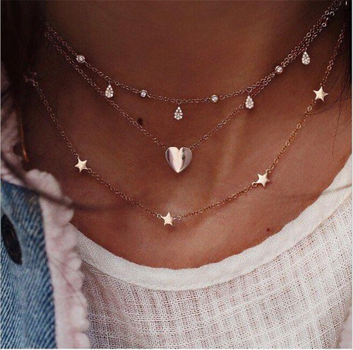 Fashion Multilayer Choker Necklace Crystal Star Heart Chain Women Summer Jewelry