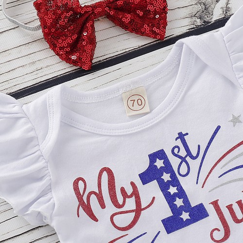 4th of July Newborn Infant Baby Girls Romper+Bow Dress+Headband Clothes Outfits
