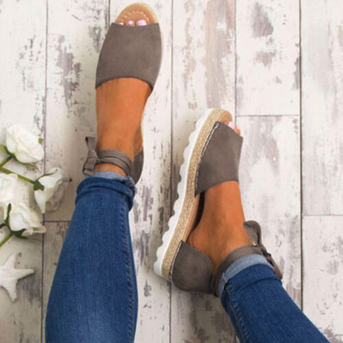 LADIES WOMENS FLAT HEEL ANKLE STRAP SUMMER ESPADRILLES FLATFORMS SANDALS SHOES