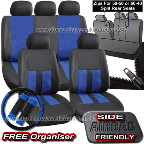 Black Blue Leather Look Split Rear Seats Air Bag Friendly Full Car Seat Covers