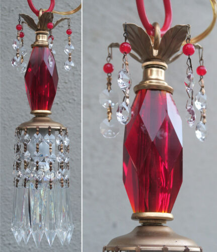 Vintage Ruby Red Glass SWAG plugin light lamp chandelier crystal prisms beads
