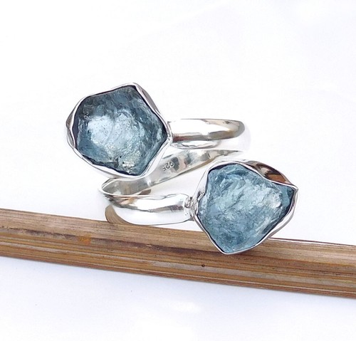 925 Sterling Silver Aquamarine Adjustable Ring Raw Aquamarine Crystal Ring-S074