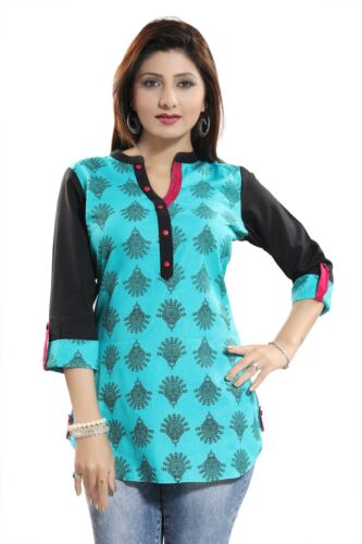 Women Top Indian Short Kurti Tunic Kurta Cotton Printed Blue Shirt Dress MM192