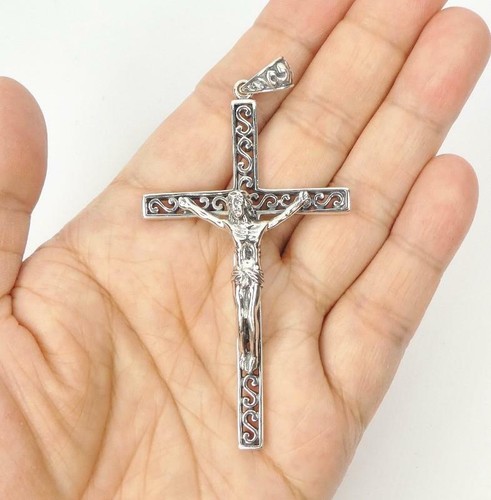 Solid 925 Sterling Silver Jesus Scroll Ornate Cross Pendant Beautiful Details
