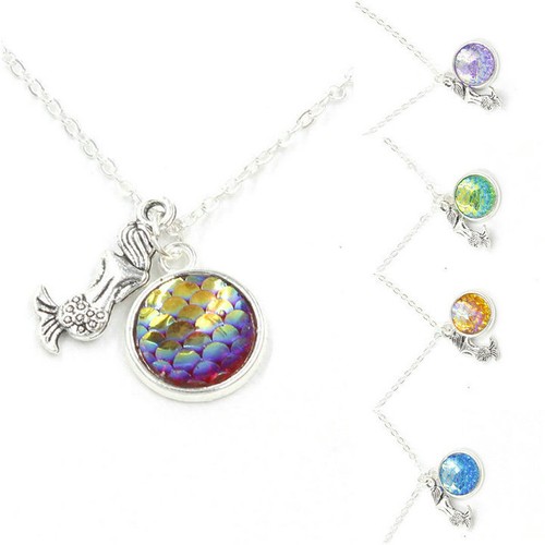 Silver Color Mermaid Fish Dragon Scale Bling Gem Pendant Necklace XL1943