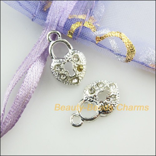 8 New White Crystal Heart Clock Charms Silver Plated Pendants 9.5x16mm