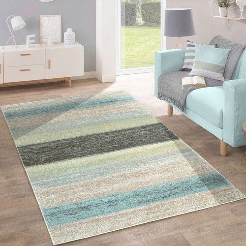 Pastel Color Designer Rug Modern Striped Carpet Abstract Green Blue Soft Mat XL