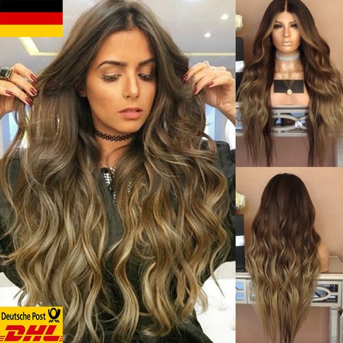 Damen Mode Blond Ombre Haare Lang Gelockt Glatt Volle Perücke Cosplay Party Wigs